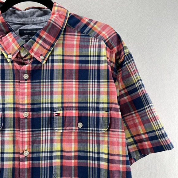 Tommy Hilfiger Plaid Shirt Mens Size 2XL Slim Fit Short Sleeve Cotton Red Blue - Picture 4 of 12